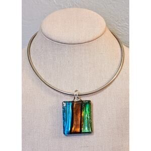 Vintage Silver Tone 16" Collar W/ Four Glass & Stone Pendants & Unique Closure